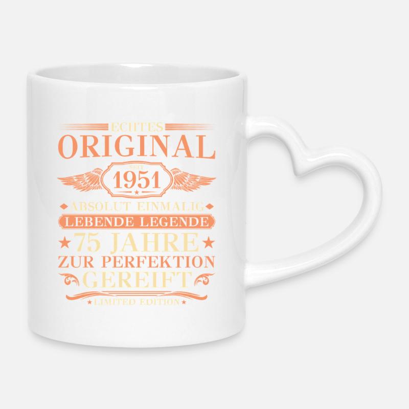 1951 Born absolutely unique 75th birthday - Mug with Heart-Shaped Handle - white
