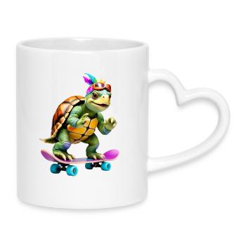 Skateboard-Schildkröte mit Farbfedern - Tasse mit Herzhenkel - Weiß - Rechts