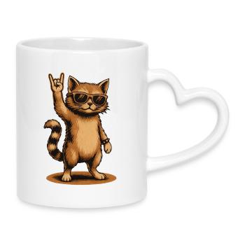Rock Kater Katze Mit Sonnenbrille Handzeichen - Tasse mit Herzhenkel - Weiß - Rechts