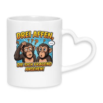 Drei Affen Verwirrung – Lustiges Comic Design - Tasse mit Herzhenkel - Weiß - Rechts