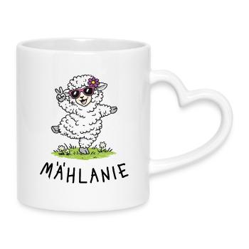Mählanie – Süßes tanzendes Schaf mit Wortspiel - Tasse mit Herzhenkel - Weiß - Rechts