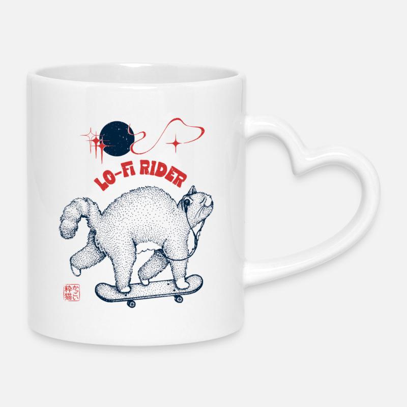 Lo-Fi Rider Katze - Tasse mit Herzhenkel - Weiß