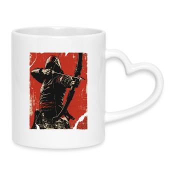 Kapuzen Bogenschütze auf rotem Hintergrund - Tasse mit Herzhenkel - Weiß - Rechts