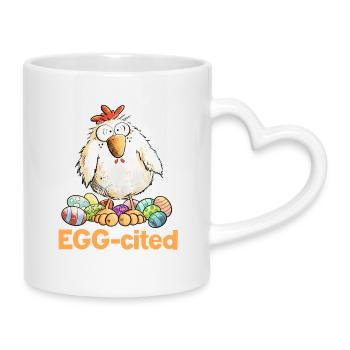 Aufgeregtes Huhn mit Ostereiern Spruch Eggcited  - Tasse mit Herzhenkel - Weiß - Rechts