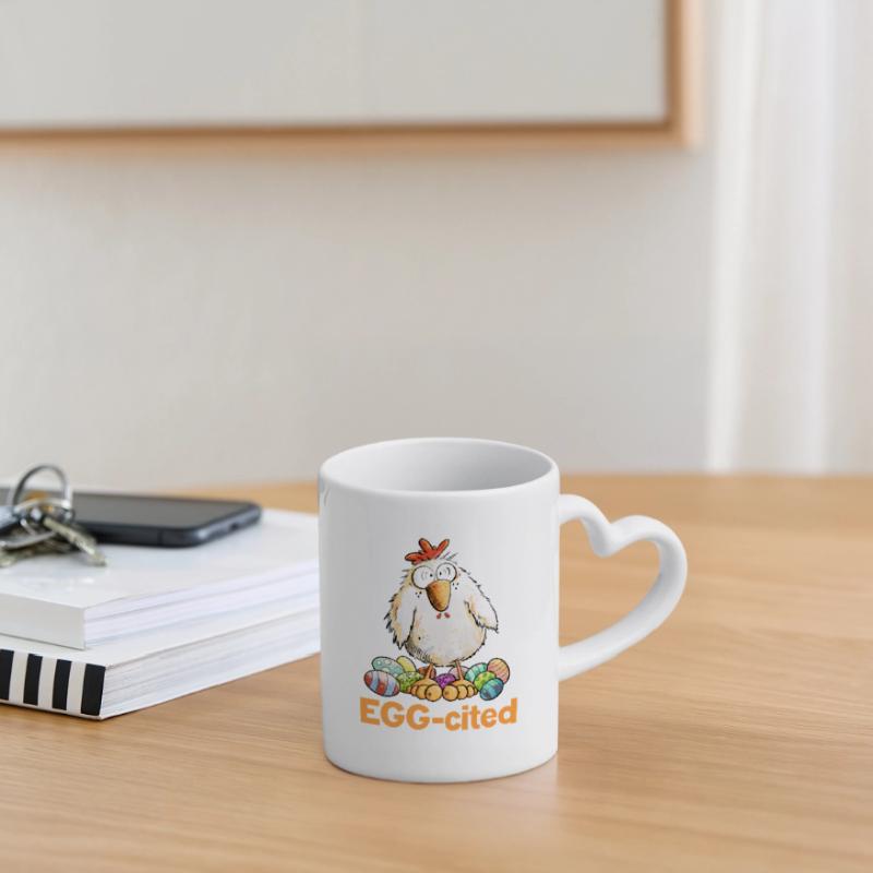Excited Chicken with Easter Eggs Saying Eggcited Mug with Heart-Shaped Handle