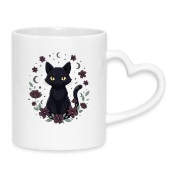 Mondnachtkatze Blumenkreis - Tasse mit Herzhenkel - Weiß - Rechts