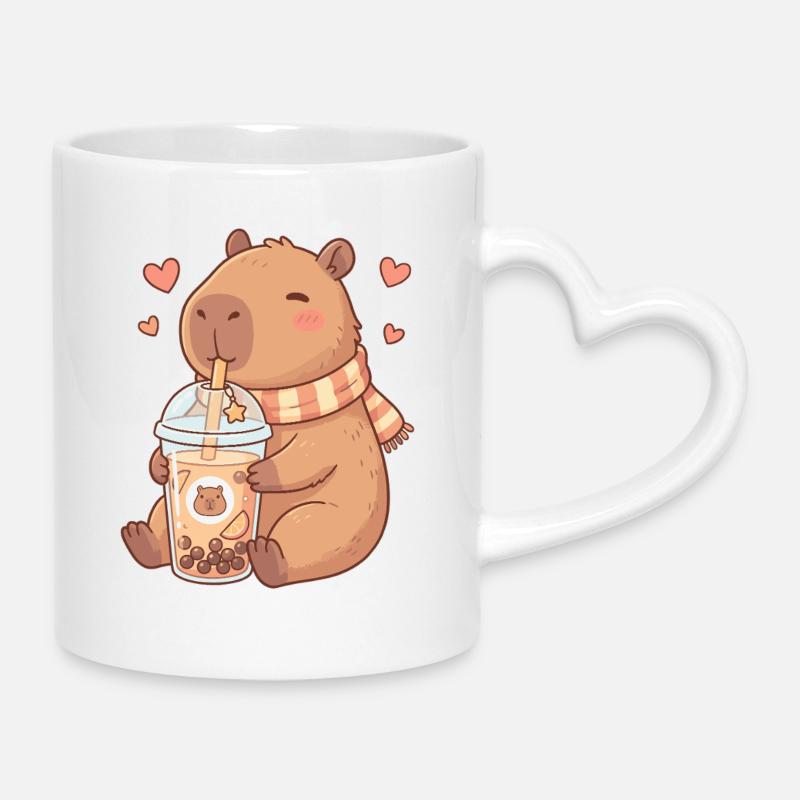 Cozy Kawaii Capybara Sips Boba Tea - Mug with Heart-Shaped Handle - white
