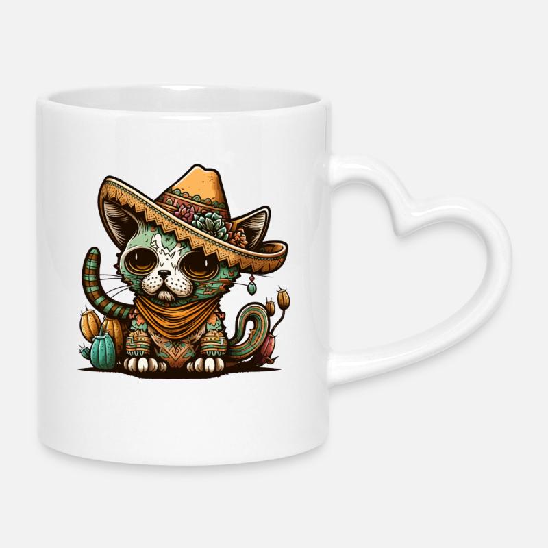 Mexican Cinco De Mayo Sugar Skull Sombrero Cat - Mug with Heart-Shaped Handle - white