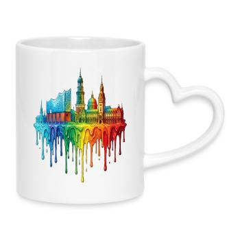 Hamburg mit farbenfroh verlaufender Farbe - Tasse mit Herzhenkel - Weiß - Rechts