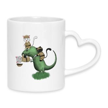 Kawaii Campingkatzen reiten auf Dinosaurier-Shirt - Tasse mit Herzhenkel - Weiß - Rechts