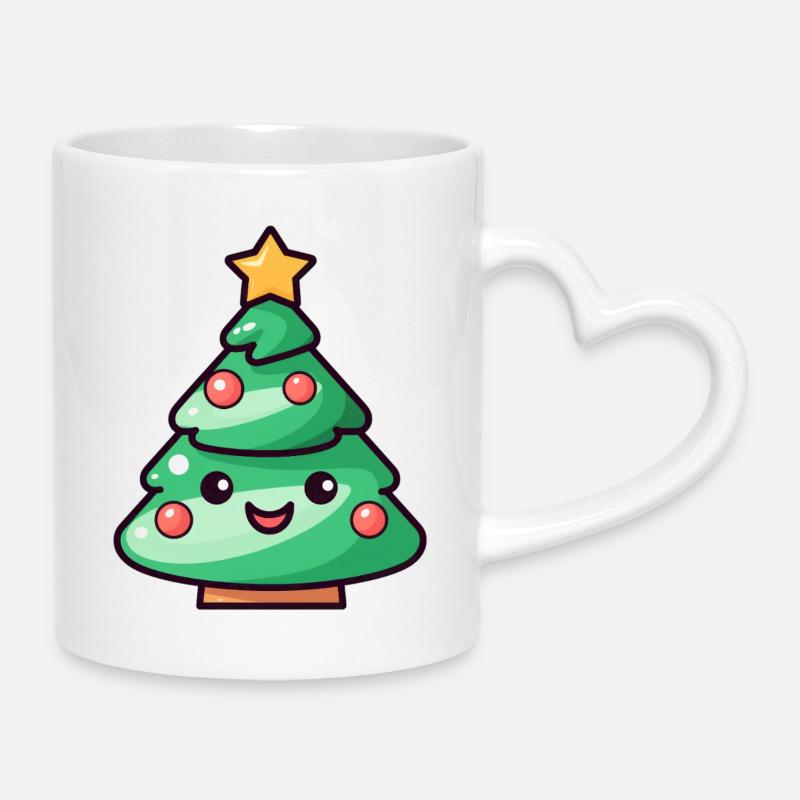 Kawaii Christmas Tree Cartoon Design - Mug with Heart-Shaped Handle - white
