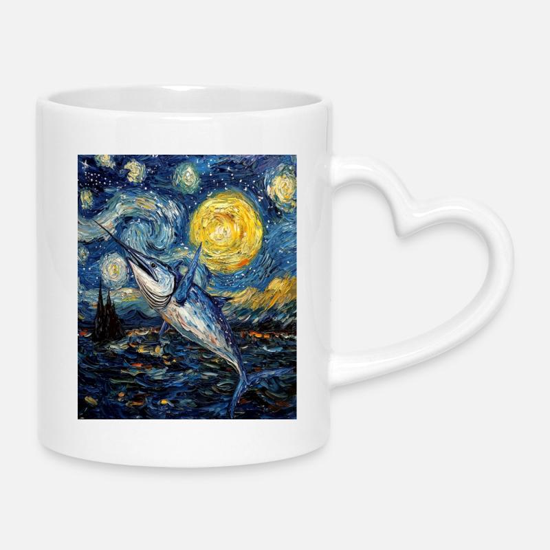Blue Marlin Fish Van Gogh Style Starry - Mug with Heart-Shaped Handle - white