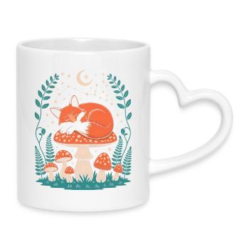 Schlafender Fuchs auf Pilz unter Sternenhimmel - Tasse mit Herzhenkel - Weiß - Rechts