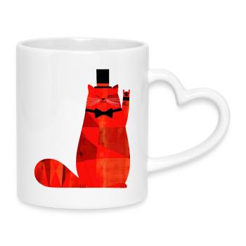 Chat rouge avec nœud papillon et haut-de-forme - Mug avec anse en forme de cœur - blanc - Droite