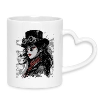 Steampunk Diva mit Goggles - Tasse mit Herzhenkel - Weiß - Rechts