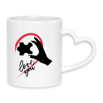 Hand, die ein Puzzle hält, halb ein Herz - Tasse mit Herzhenkel - Weiß - Rechts