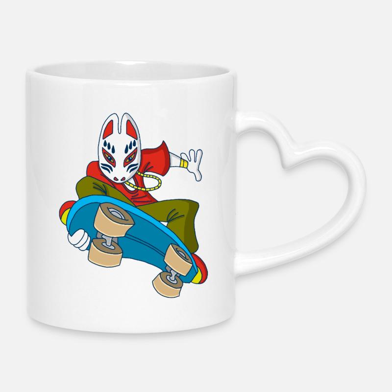 Japanese Fox on a Skateboard - Mug with Heart-Shaped Handle - white