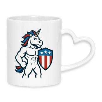 Patriotisches Einhorn-Maskottchen-Power-Schild-Design - Tasse mit Herzhenkel - Weiß - Rechts