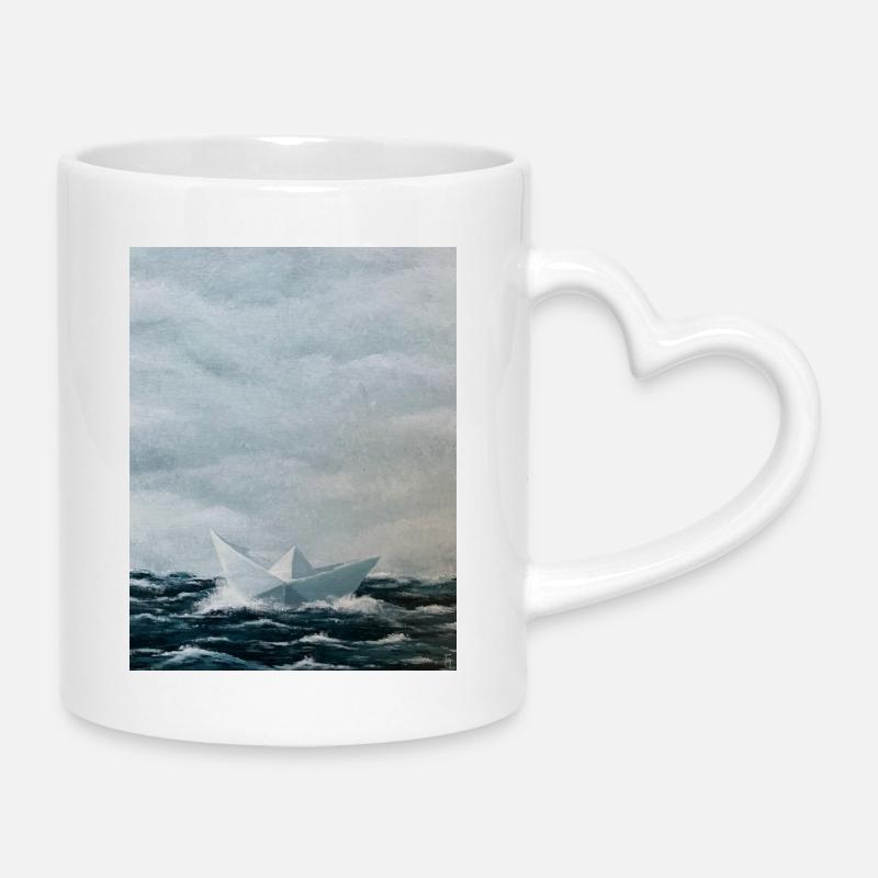 Navire d’origami sur une mer agitée - Mug avec anse en forme de cœur - blanc