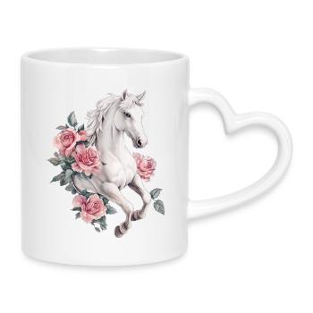 Pferd mit Rosen - Tasse mit Herzhenkel - Weiß - Rechts