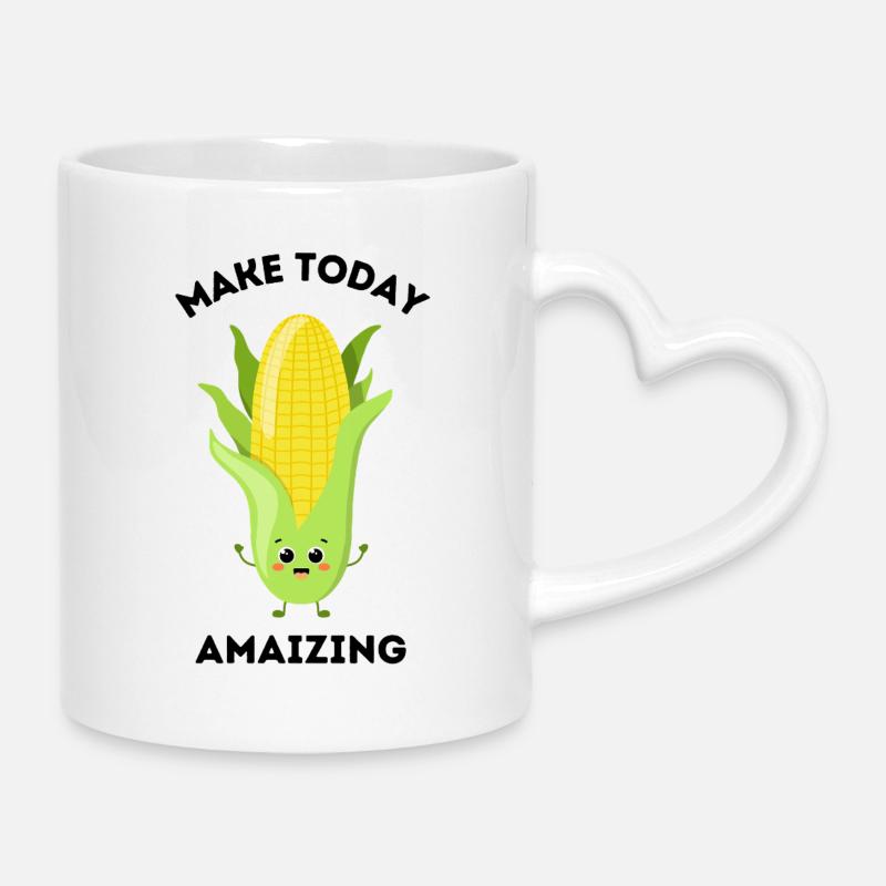 Cute Pun Corn Cartoon “Make Today Amaizing” - Mug with Heart-Shaped Handle - white