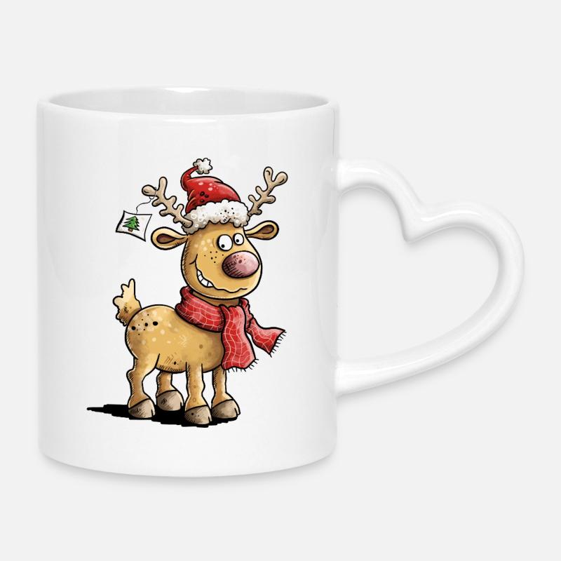 Mignons rennes de Noël avec chapeau et écharpe - Mug avec anse en forme de cœur - blanc