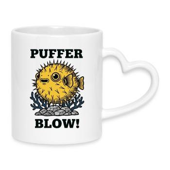 Humor Fisch Kugel Puffer bläst - Tasse mit Herzhenkel - Weiß - Rechts