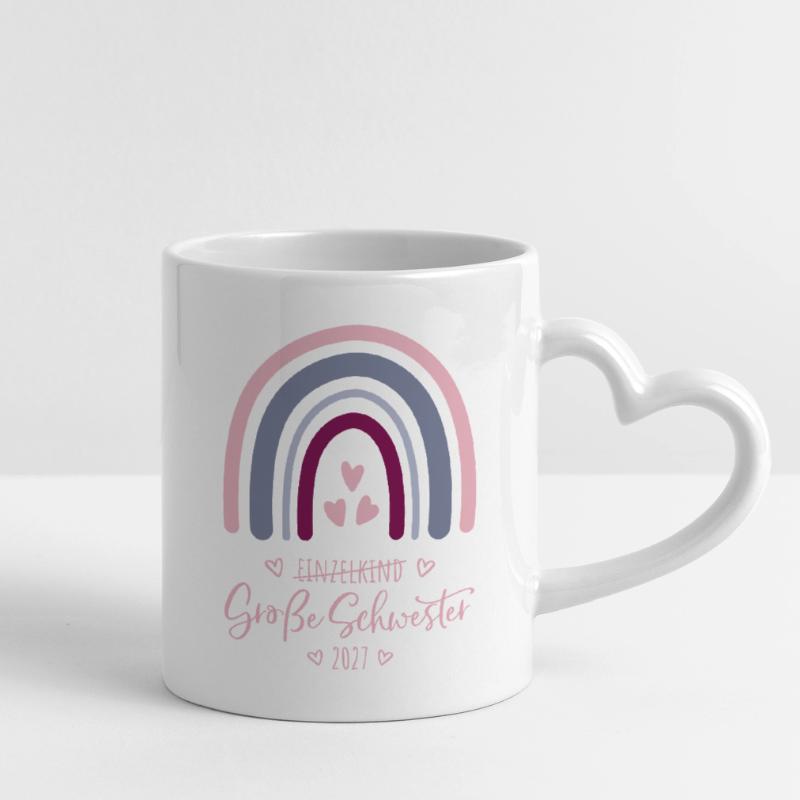 Große Schwester 2027 Boho Regenbogen Tasse mit Herzhenkel