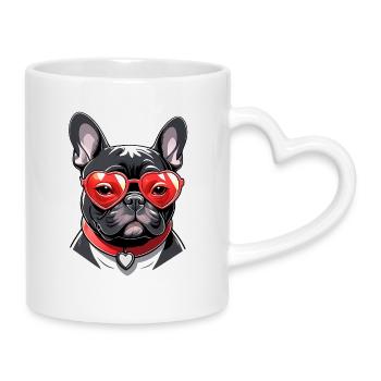 Französische Bulldogge mit Herzbrille und Halsband - Tasse mit Herzhenkel - Weiß - Rechts