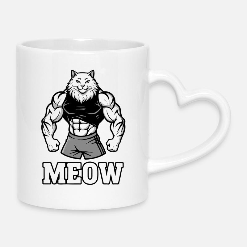 Meow Gym Cat - Funny Bodybuilding Humor - Mug with Heart-Shaped Handle - white