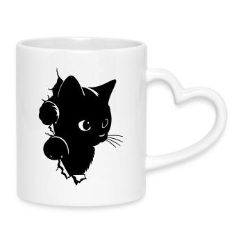 Curious Black Kitten Spying | T-Shirt Kawaii - Mug with Heart-Shaped Handle - white - Right