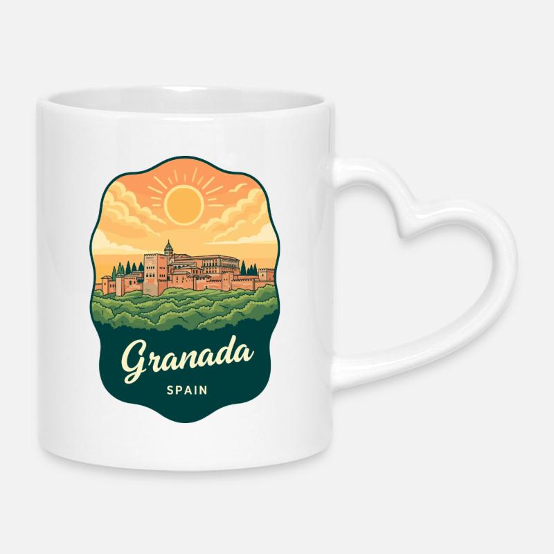 Granada Alhambra Palac Retro Sunset Badge - Mug with Heart-Shaped Handle - white