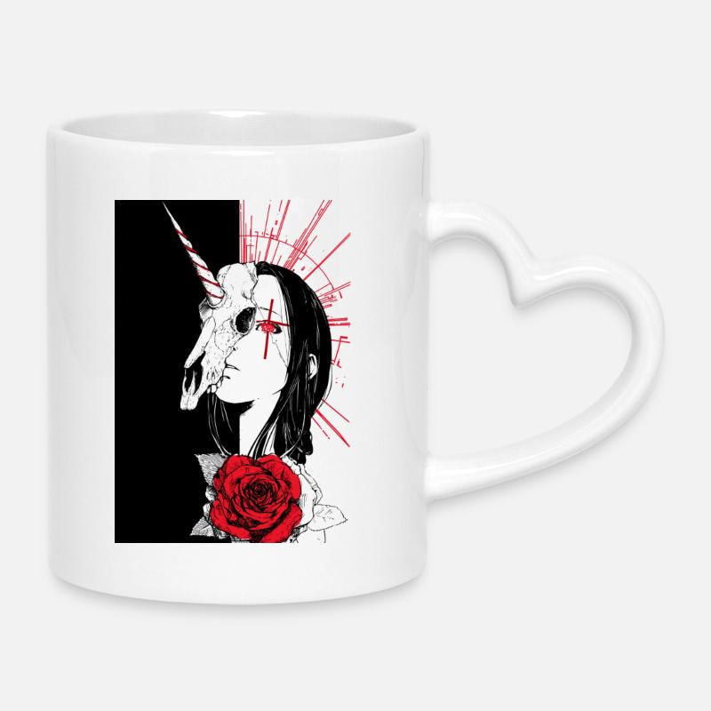 Unicorn skull and red rose - Mug with Heart-Shaped Handle - white