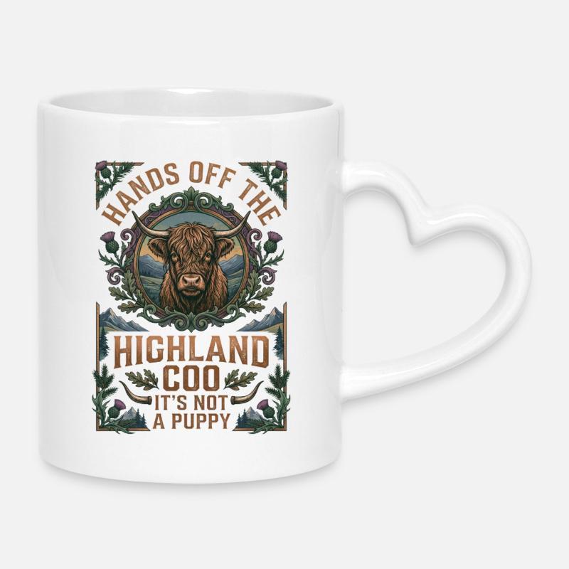 Hands Off The Highlands Cow - Mug with Heart-Shaped Handle - white