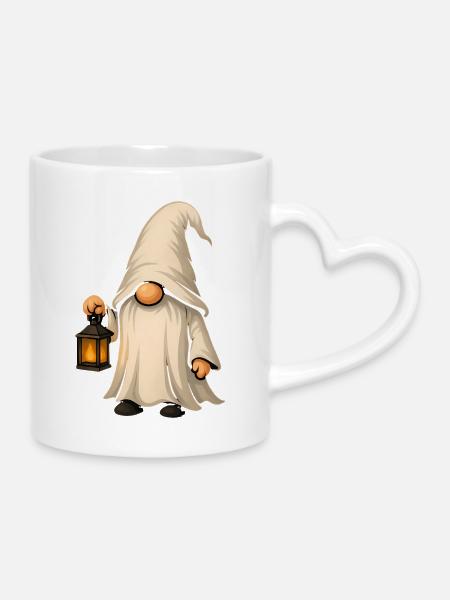 Mystischer Gartenzwerg mit Laterne - Tasse mit Herzhenkel - Weiß