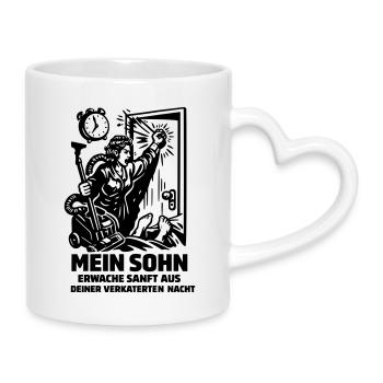 Sohn Wecken Lustige Mutter Sohn Szene - Tasse mit Herzhenkel - Weiß - Rechts