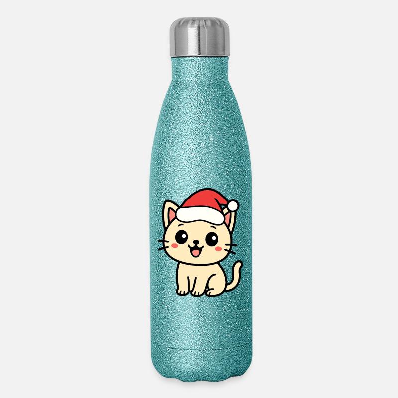 Chat Père Noël : Chat de Noël mignon - Gourde isotherme pailletée 500 ml - paillettes bleues