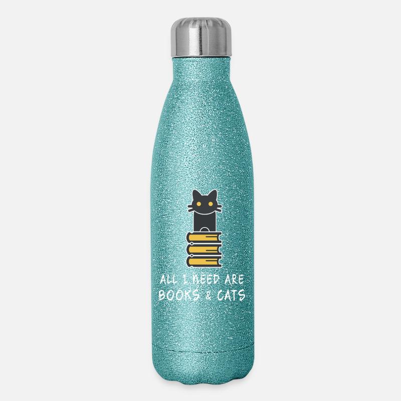 Alles, was ich brauche, sind Bücher und Katzen - Glitzer Isolierflasche 500 ml - Blau Glitzer