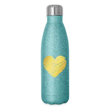 Goldenes Pinselherz – Elegantes Herz Motiv - Glitzer Isolierflasche 500 ml - Blau Glitzer - Rechts