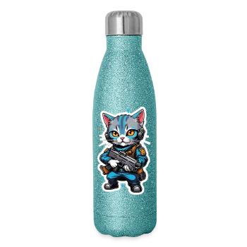 Katzenkrieger mit Hightech-Waffen - Glitzer Isolierflasche 500 ml - Blau Glitzer - Rechts