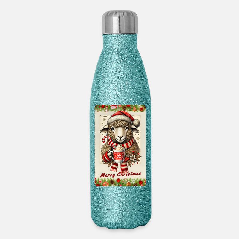 Christmas sheep with hot chocolate - Glitter Thermal Bottle 500 ml - blue glitter