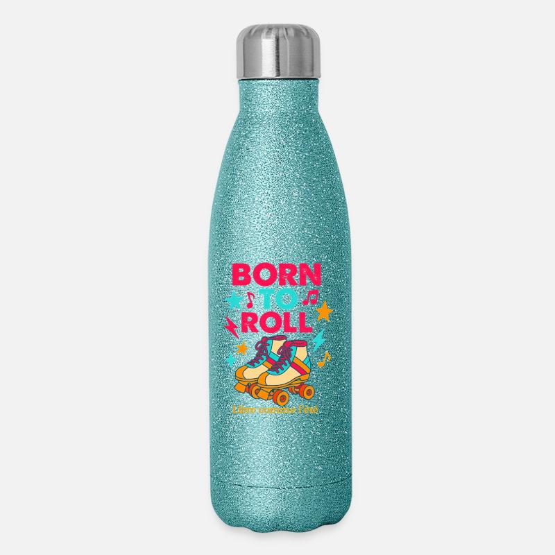 Skateboard and retro musical pattern - Glitter Thermal Bottle 500 ml - blue glitter