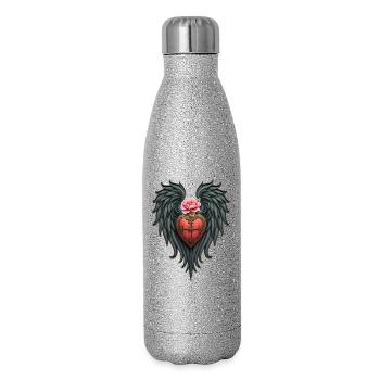 Coeur avec des ailes et une fleur rose - Gourde isotherme pailletée 500 ml - paillettes argentées - Droite
