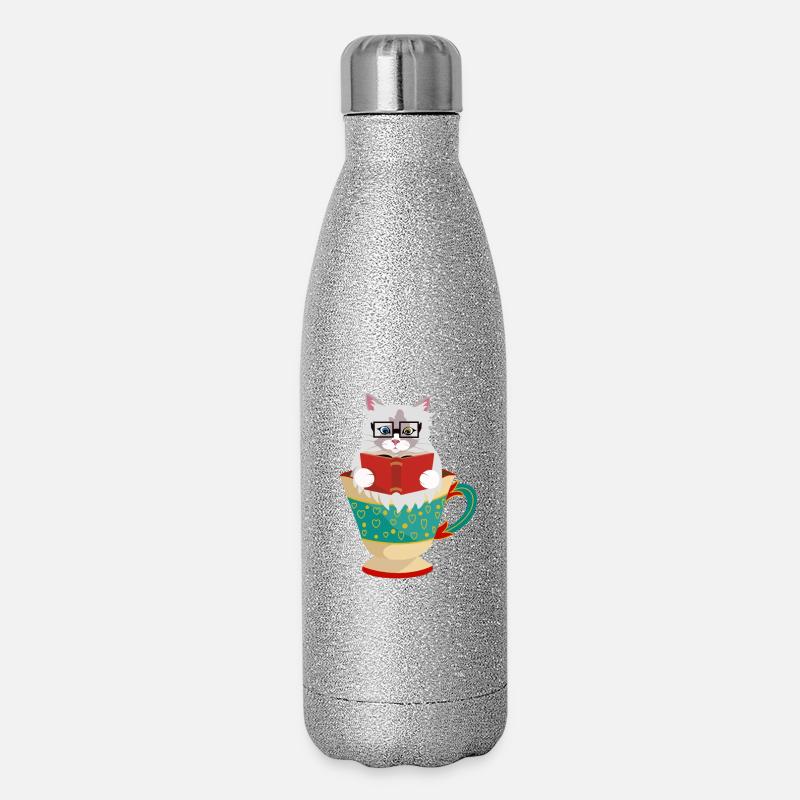 Cute Ragdoll cat reading a book in a coffee cup - Glitter Thermal Bottle 500 ml - silver glitter