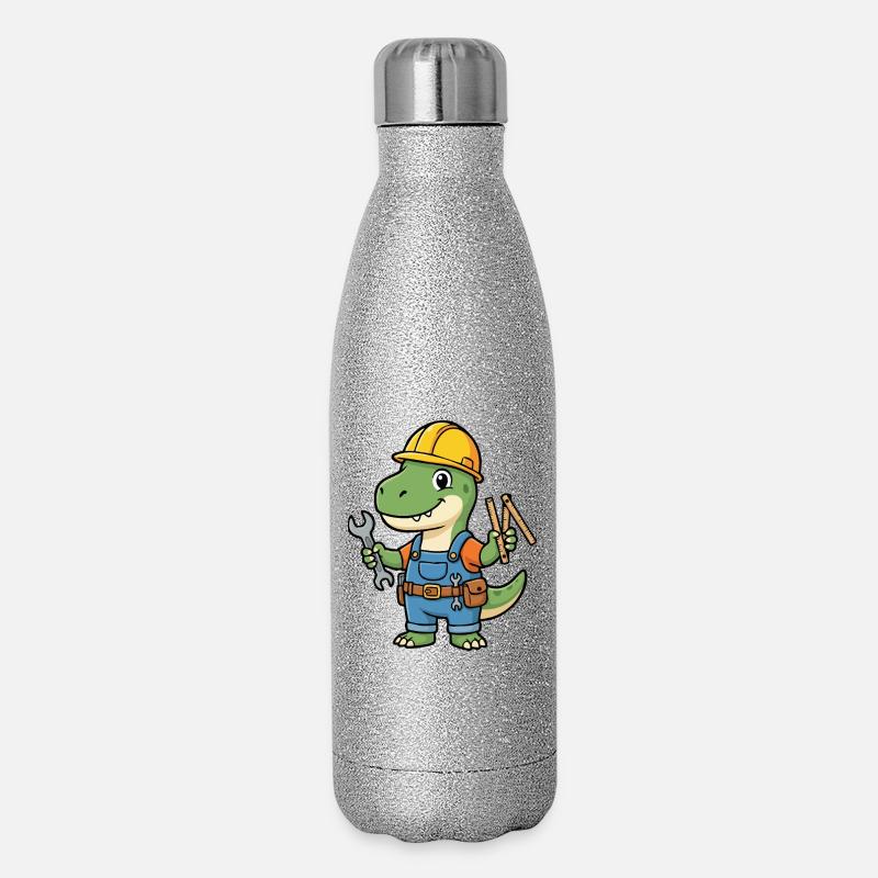 Dino Bauarbeiter mit Werkzeugen - Glitzer Isolierflasche 500 ml - Silber Glitzer