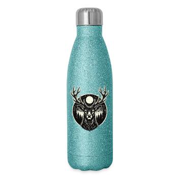 Forest Spirit – Hirsch im Woodcut Stil - Glitzer Isolierflasche 500 ml - Blau Glitzer - Rechts