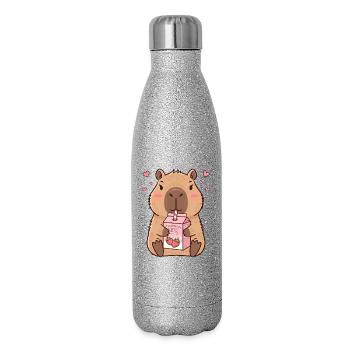 Kawaii Capybara Drinking Japanese Strawberry Milk - Glitter Thermal Bottle 500 ml - silver glitter - Right