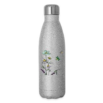 Herbes, camomille, abeilles - Gourde isotherme pailletée 500 ml - paillettes argentées - Droite