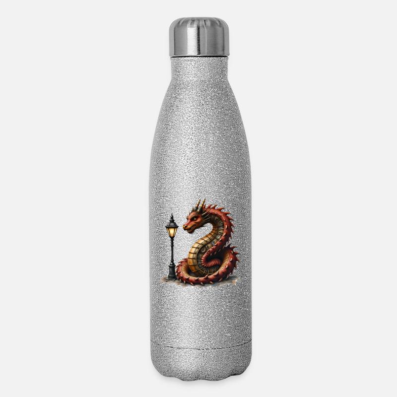 Steampunk Drache mit Laterne - Glitzer Isolierflasche 500 ml - Silber Glitzer