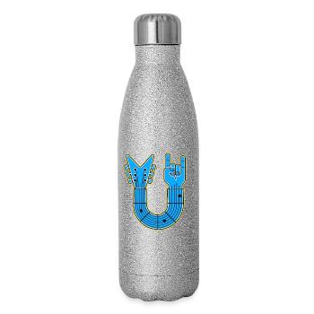 Blaue U-Form Gitarre mit Rock Hand - Glitzer Isolierflasche 500 ml - Silber Glitzer - Rechts